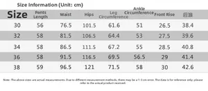Detailed size chart for men cargo shorts showing waist and hip measurements in cm