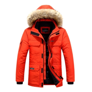 Men's orange hooded parka jacket with brown faux fur trim and multi-pocket design