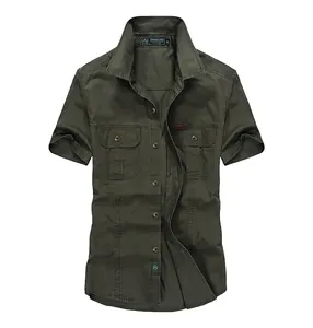 Army green casual short sleeve work shirt for men with classic dual chest pockets