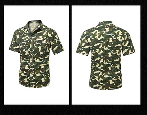 Front and back view of men's woodland camouflage short sleeve shirt with double chest pockets