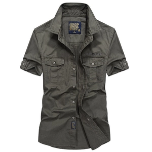 Men Cotton Short Sleeve Shirt Casual Workwear Military Style Double Pocket Embroidery Breathable Summer Button Down Top
