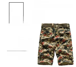 Detail of camouflage cargo shorts featuring multi-pocket design and canvas belt