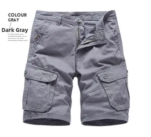 Detail of dark gray cargo shorts featuring multi-pocket design and cotton twill fabric