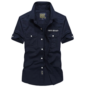 Men's navy cotton short sleeve work shirt with cargo pockets and white buttons