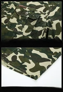 Detail of camouflage shirt showing a chest pocket with metal button and outdoor patch