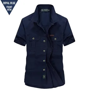 Men's casual short sleeve button-down cotton shirt with double chest pockets in royal blue