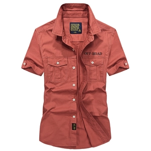 Short sleeve brick red cotton cargo shirt for men featuring double chest pockets and print