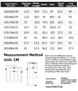 Detailed size chart for men's cargo shorts showing waist and length measurements