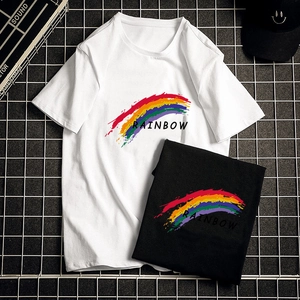 Men Casual Rainbow Print Cotton Short Sleeve T-Shirt Loose Fit Round Neck Summer Streetwear Graphic Tee Top Black White