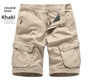 Close-up of khaki cargo shorts showing cotton twill fabric and large flap pockets