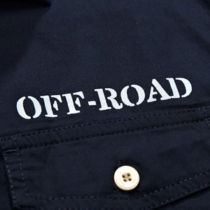 Navy blue cotton short sleeve cargo shirt featuring Off-Road print and chest pocket