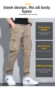 Detail view of khaki cargo pants featuring drawstring elastic waist and multi-pocket design