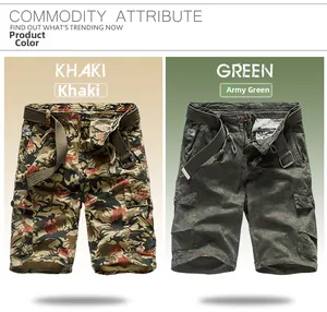 Detailed comparison of khaki and army green camouflage cargo shorts with woven belts