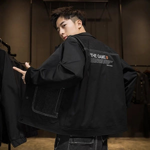 Men's black street fashion work jacket with white letter print and contrast stitching