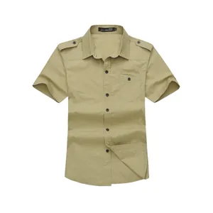 Military style khaki cotton short sleeve shirt with shoulder epaulets and chest pocket