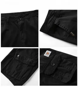 Detail shots of black cargo shorts showing reinforced stitching, pockets, and cotton fabric