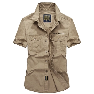 Men's khaki cotton short-sleeved military cargo shirt with button pockets and OFF-ROAD print