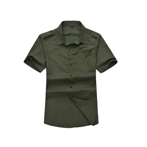 Army green military style short sleeve cotton shirt for men with shoulder straps and pocket