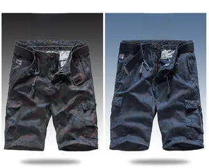 Detail showing gray and blue camo cargo shorts with multi-pockets and woven belts
