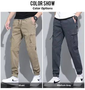 Detail view of khaki and grey cotton cargo pants with drawstring waist and elastic cuffs