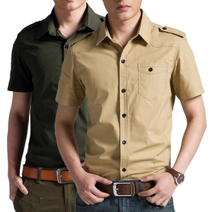 Slim-fit military style short sleeve cotton shirts in khaki and olive green for men
