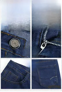 Detailed close-up of dark blue business jeans showing denim texture, zipper, and button