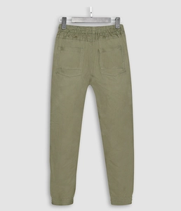 Rear view of olive green casual joggers showing elastic waistband and two back pockets