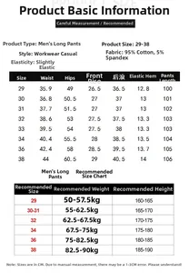 Men cargo pants size chart with waist and hip measurements for cotton casual trousers