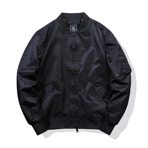 Classic black MA-1 flight jacket with ribbed collar and signature orange lining