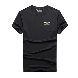 Men's black mesh breathable short sleeve t-shirt with gold wing logo embroidery on chest