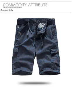 Detail of navy blue camo cargo shorts featuring large side pockets and matching woven belt