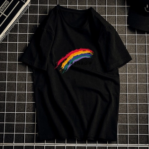 Black cotton short sleeve T-shirt with colorful rainbow print and streetwear design