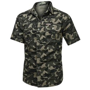 Men Casual Pure Cotton Camouflage Short Sleeve Shirt Loose Fit Button Down Outdoor Tactical Work Top With Dual Pockets