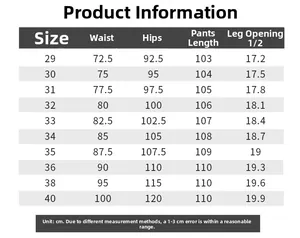 Detailed size chart for men's straight jeans showing waist, hip, and length measurements