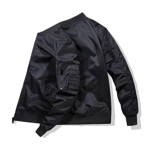 Classic black MA-1 bomber jacket with ribbed collar and signature utility sleeve pocket