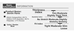 Detailed fabric composition info for men's blue denim jeans with cotton and stretch blend