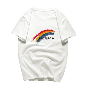 Men's casual loose white cotton T-shirt with rainbow print and Rainbow lettering