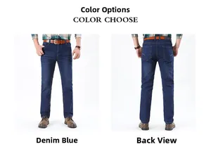 Front and back views of men's casual straight-leg denim jeans in classic wash blue color