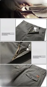 Detailed view of grey twill cotton trousers featuring metal zipper and back pocket label