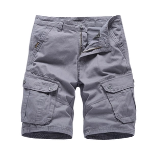 Front view of men's grey multi-pocket cargo shorts in durable cotton twill fabric