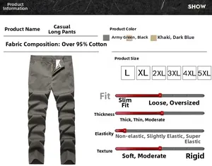 Detail showing fabric specifications and size chart for men's cotton straight casual pants
