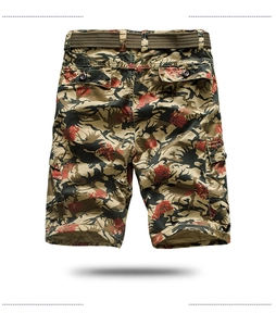 Detail view of camouflage cargo shorts for men with matching belt and multi-pocket design