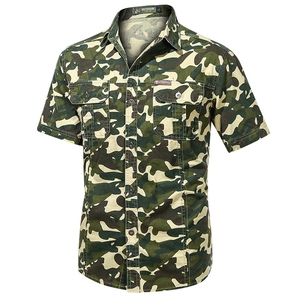 Men's cotton camouflage short sleeve work shirt with two chest flap pockets