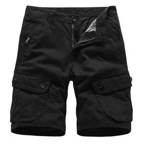 Men's black cargo shorts featuring cotton twill fabric and multi-pocket design on white background
