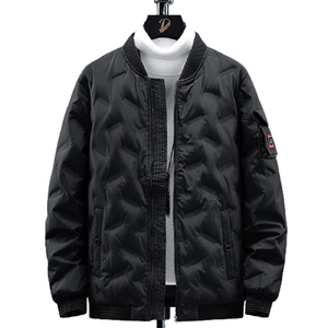 Schwarze gesteppte Daunenjacke für Herren mit Stehkragen und rotem Ärmelanhänger
