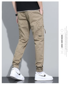 Rear view of men's khaki cargo joggers with side pockets and elastic cuffs