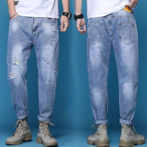 Jeans Déchirés Distressed Bleu Clair pour Hommes en Denim Mélange de Coton Streetwear Hip Hop Jambe Droite Pantalons Longs