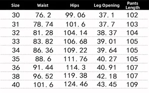 Detailed size chart for men's casual trousers with waist and hip measurements