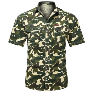 Men's casual short sleeve camo cotton shirt with front button pockets in jungle pattern