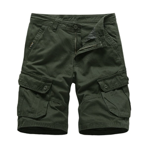 Men's olive green cargo shorts with multi-pocket design on professional white background